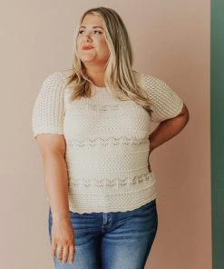 Vendor-unknown Plus Size Lacey Short Sleeve Knit Sweater Natural 10 Vendor-unknown Plus Size Lacey Short Sleeve Knit Sweater Natural