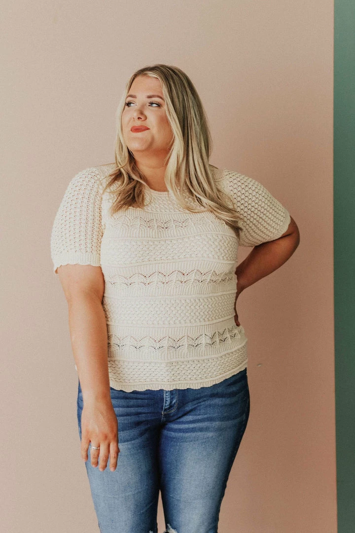 Vendor-unknown Plus Size Lacey Short Sleeve Knit Sweater Natural 5 Vendor-unknown Plus Size Lacey Short Sleeve Knit Sweater Natural