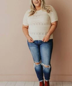 Vendor-unknown Plus Size Lacey Short Sleeve Knit Sweater Natural 9 Vendor-unknown Plus Size Lacey Short Sleeve Knit Sweater Natural