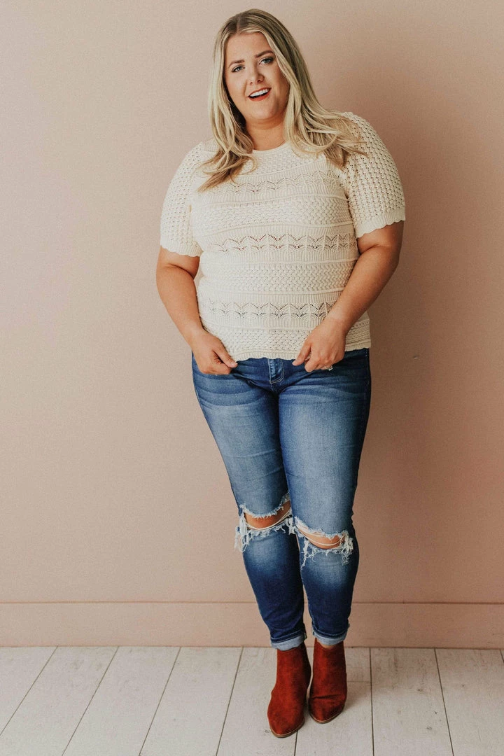 Vendor-unknown Plus Size Lacey Short Sleeve Knit Sweater Natural 4 Vendor-unknown Plus Size Lacey Short Sleeve Knit Sweater Natural