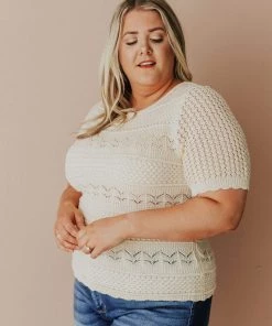 Vendor-unknown Plus Size Lacey Short Sleeve Knit Sweater Natural 12 Vendor-unknown Plus Size Lacey Short Sleeve Knit Sweater Natural
