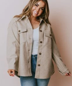 Lucy Avenue Tops Charlotte Fleece Shacket Oatmeal