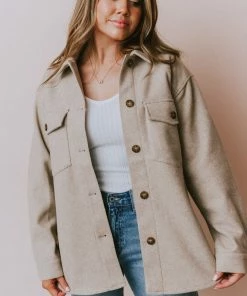 Lucy Avenue Tops Charlotte Fleece Shacket Oatmeal