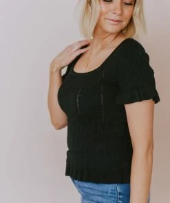 Vendor-unknown Tops Annalie Pointelle Short Sleeve Sweater Black