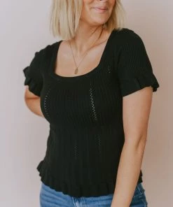 Vendor-unknown Tops Annalie Pointelle Short Sleeve Sweater Black