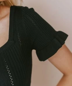 Vendor-unknown Tops Annalie Pointelle Short Sleeve Sweater Black