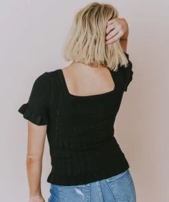 Vendor-unknown Tops Annalie Pointelle Short Sleeve Sweater Black