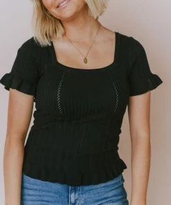 Vendor-unknown Tops Annalie Pointelle Short Sleeve Sweater Black