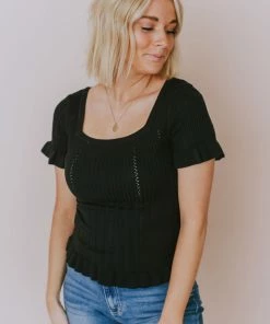 Vendor-unknown Tops Annalie Pointelle Short Sleeve Sweater Black
