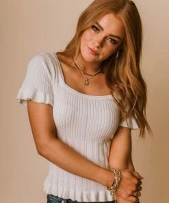 Vendor-unknown Tops Annalie Pointelle Short Sleeve Sweater Ivory