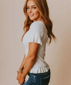 Vendor-unknown Tops Annalie Pointelle Short Sleeve Sweater Ivory