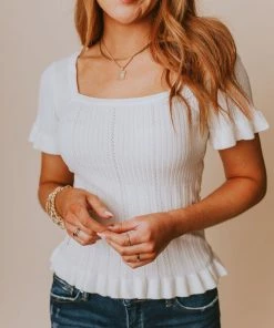 Vendor-unknown Tops Annalie Pointelle Short Sleeve Sweater Ivory