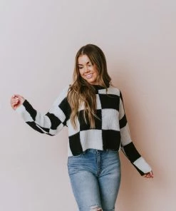 Lucy Avenue Tops Eleanor Checkered Print Sweater Black/White