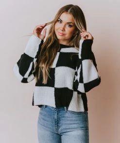 Lucy Avenue Tops Eleanor Checkered Print Sweater Black/White