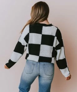 Lucy Avenue Tops Eleanor Checkered Print Sweater Black/White