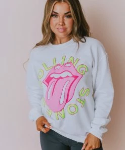LivyLu Tops Rolling Stones Neon Puff Sweatshirt White