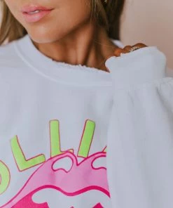 LivyLu Tops Rolling Stones Neon Puff Sweatshirt White