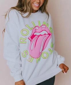 LivyLu Tops Rolling Stones Neon Puff Sweatshirt White