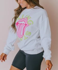 LivyLu Tops Rolling Stones Neon Puff Sweatshirt White