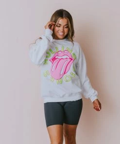 LivyLu Tops Rolling Stones Neon Puff Sweatshirt White