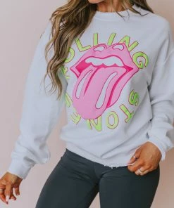 LivyLu Tops Rolling Stones Neon Puff Sweatshirt White