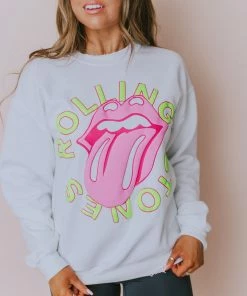 LivyLu Tops Rolling Stones Neon Puff Sweatshirt White