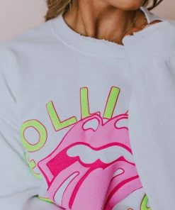 LivyLu Tops Rolling Stones Neon Puff Sweatshirt White