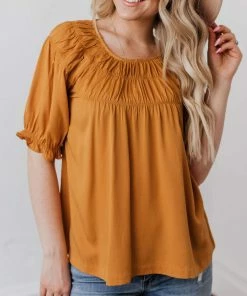 Vendor-unknown Viola Smocked Yoke Top Mustard Tops