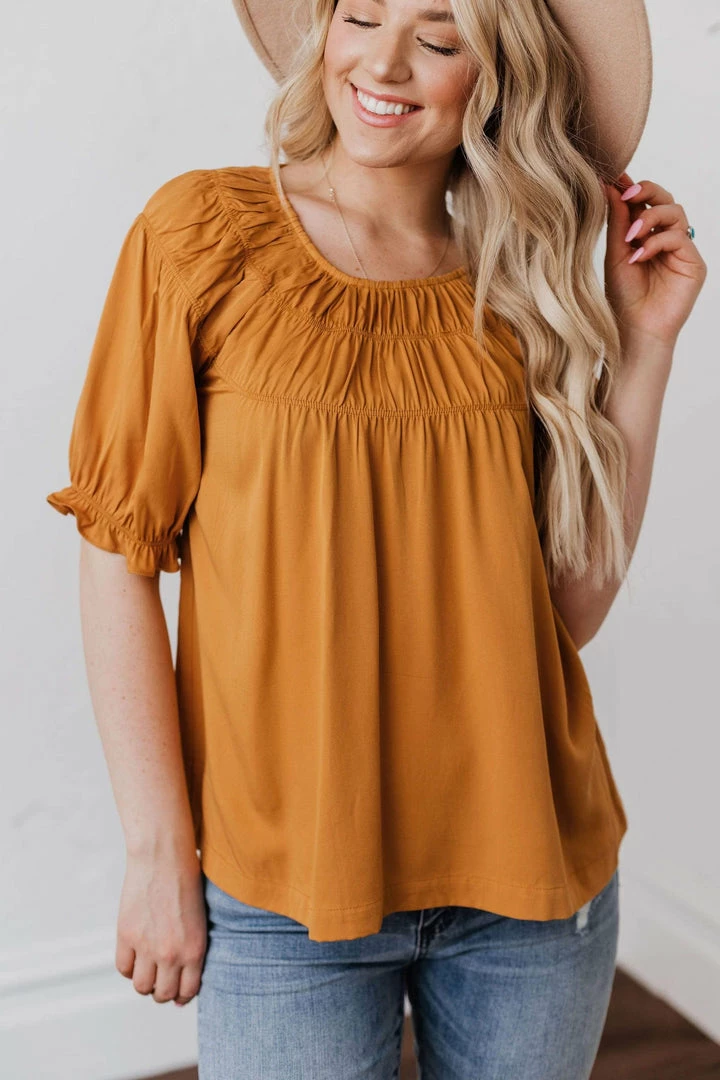 Vendor-unknown Viola Smocked Yoke Top Mustard Tops 3 Vendor-unknown Viola Smocked Yoke Top Mustard Tops